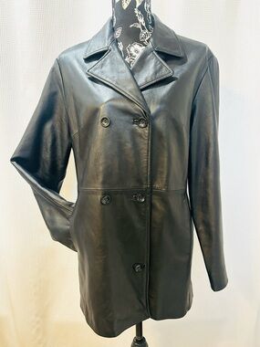 Laura Leigh Black Leather Double Breasted Longline Jacket Large Women 12